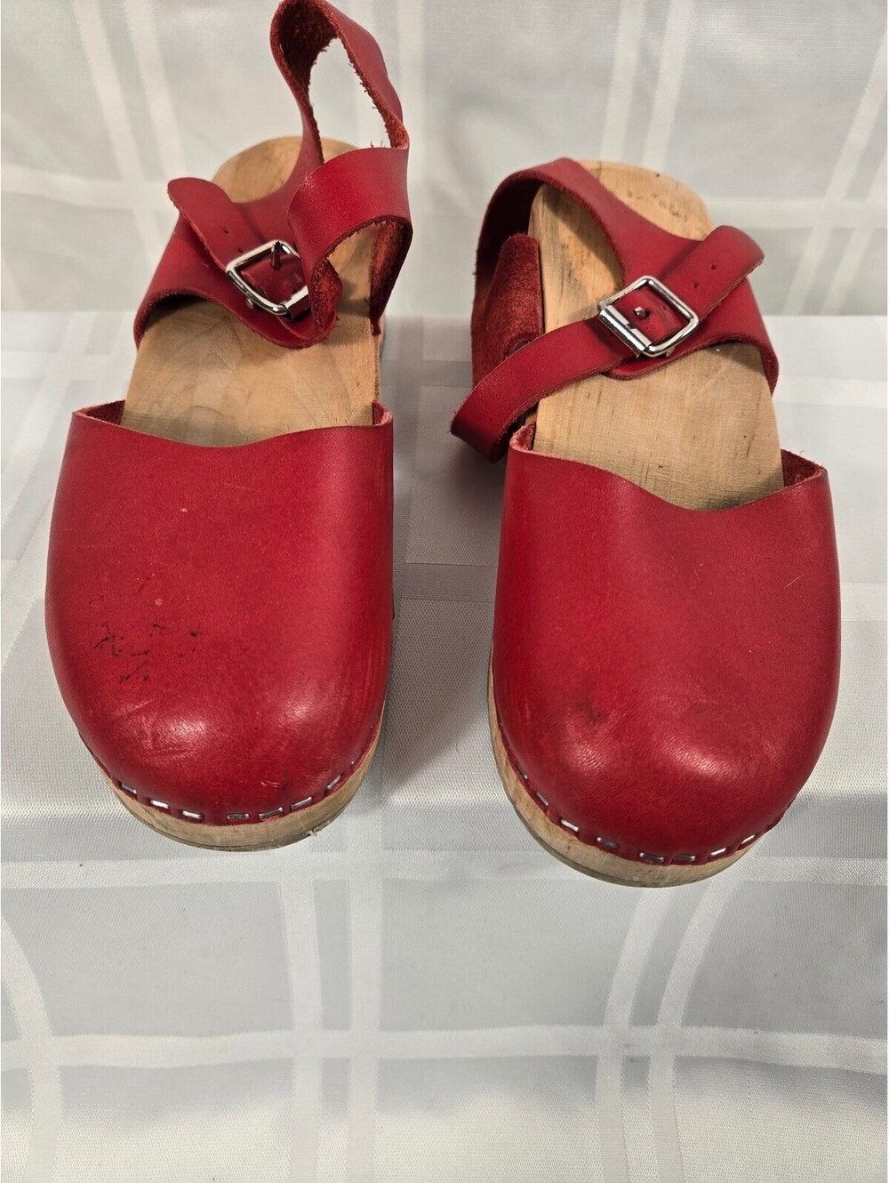 Lotta from Stockholm Red Leather Swedish Wooden Clogs Boho - Picture 4 of 11